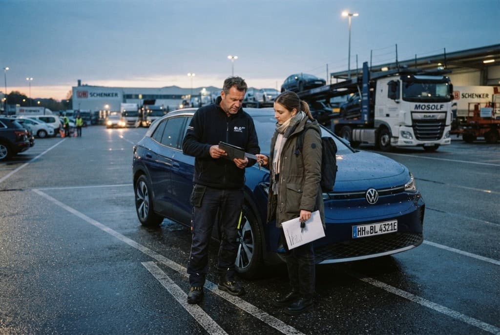 Fahrzeugübergabe am Depot: Fahrerin und Disponent prüfen Unterlagen neben einem Elektro-SUV.